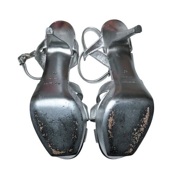 Saint Laurent Tribute Metallic Silver Platform Ankle Strap Heels Sandals 40 - Picture 7 of 8
